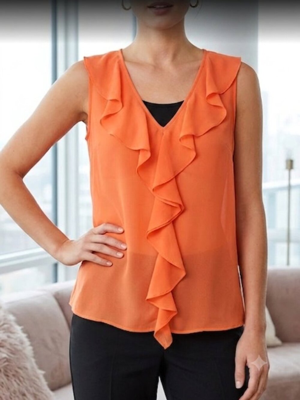 Sleeveless Ruffled V-Neck Sheer Blouse Coral Orange – M